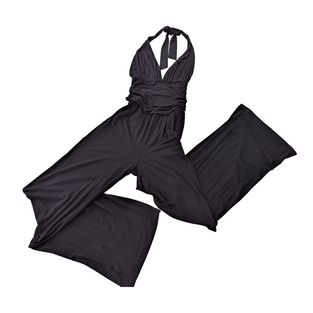 Tart Collection Black Halter Wide Leg Jumpsuit XS Ruched Modal Blend Made in USA